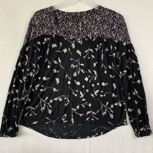 Lucky Brand Top Tee Blouse Women Small Black Floral Print Long Sleeve Stretch